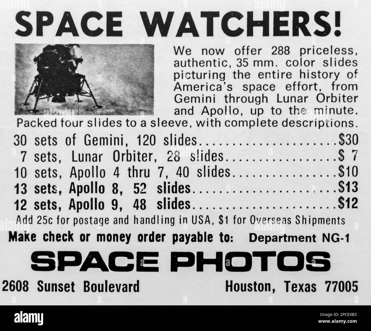 Space photos, color slides advert in a Natgeo magazine June 1969 Stock Photo