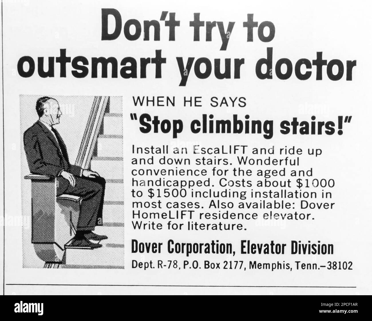 Dover elevators advert in a Natgeo magazine September 1969 Stock Photo