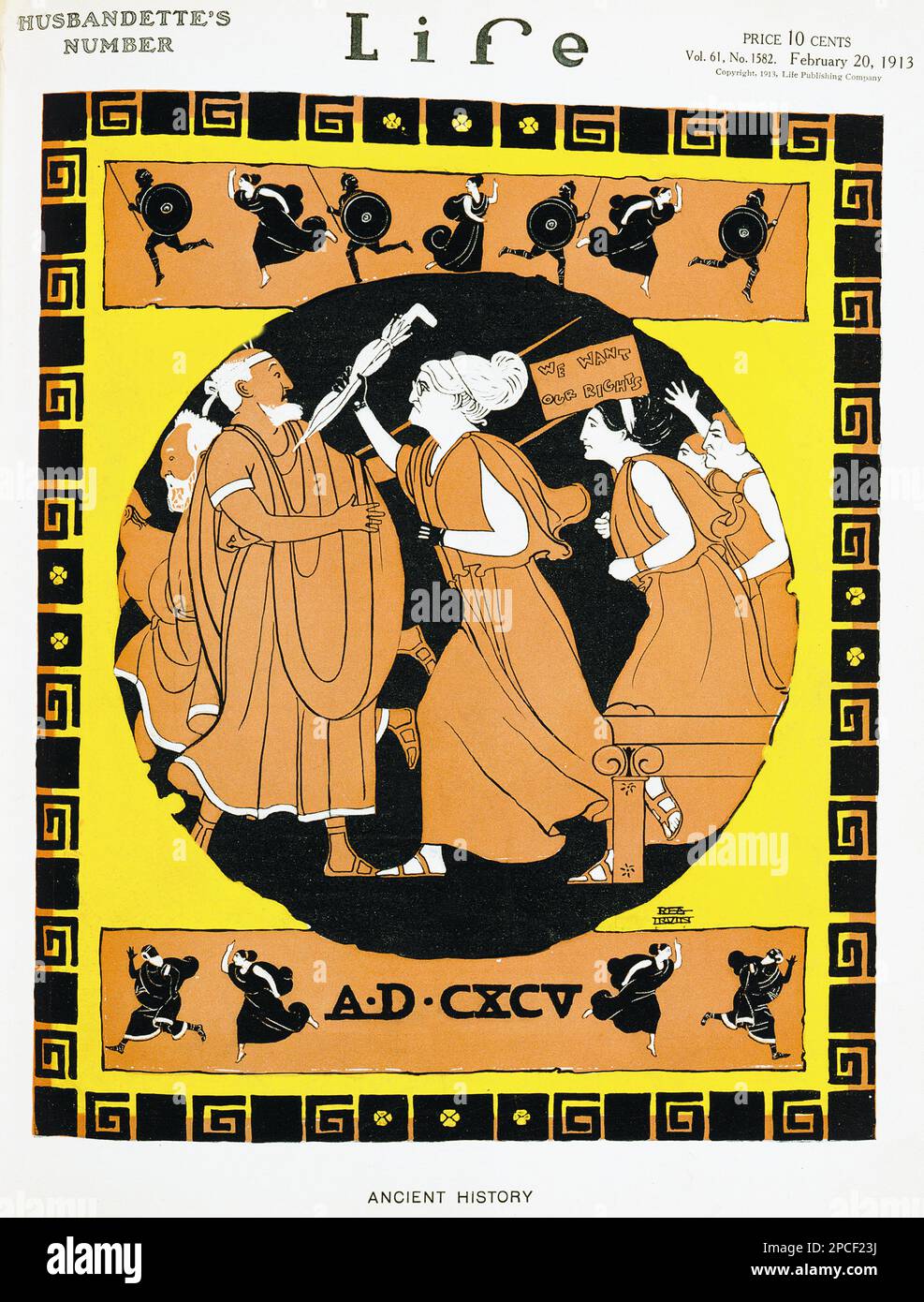 1913, 20 february , USA : The social activist abolitionist  and leading figure of the early woman's movement  SUSAN B. ANTHONY ( Susan Brownell , 1820 - 1906 ). Magazine cover showing a Susan B. Anthony-like figure in classical  Greece dress thrusting an umbrella at a man in a toga. Another woman holds sign reading ' We want our rights .' Illustration by painter and caricaturist  REA IRVING ( 1881 - 1972 ). - SUFFRAGETTA - sufraggetta - Sufragist - POLITICO - POLITICIAN - POLITICA - POLITIC - FEMMINISMO - FEMMINISTA  - FEMMINISTE - SUFFRAGETTE - USA - ritratto - portrait  - FEMMINISM - FEMMINI Stock Photo