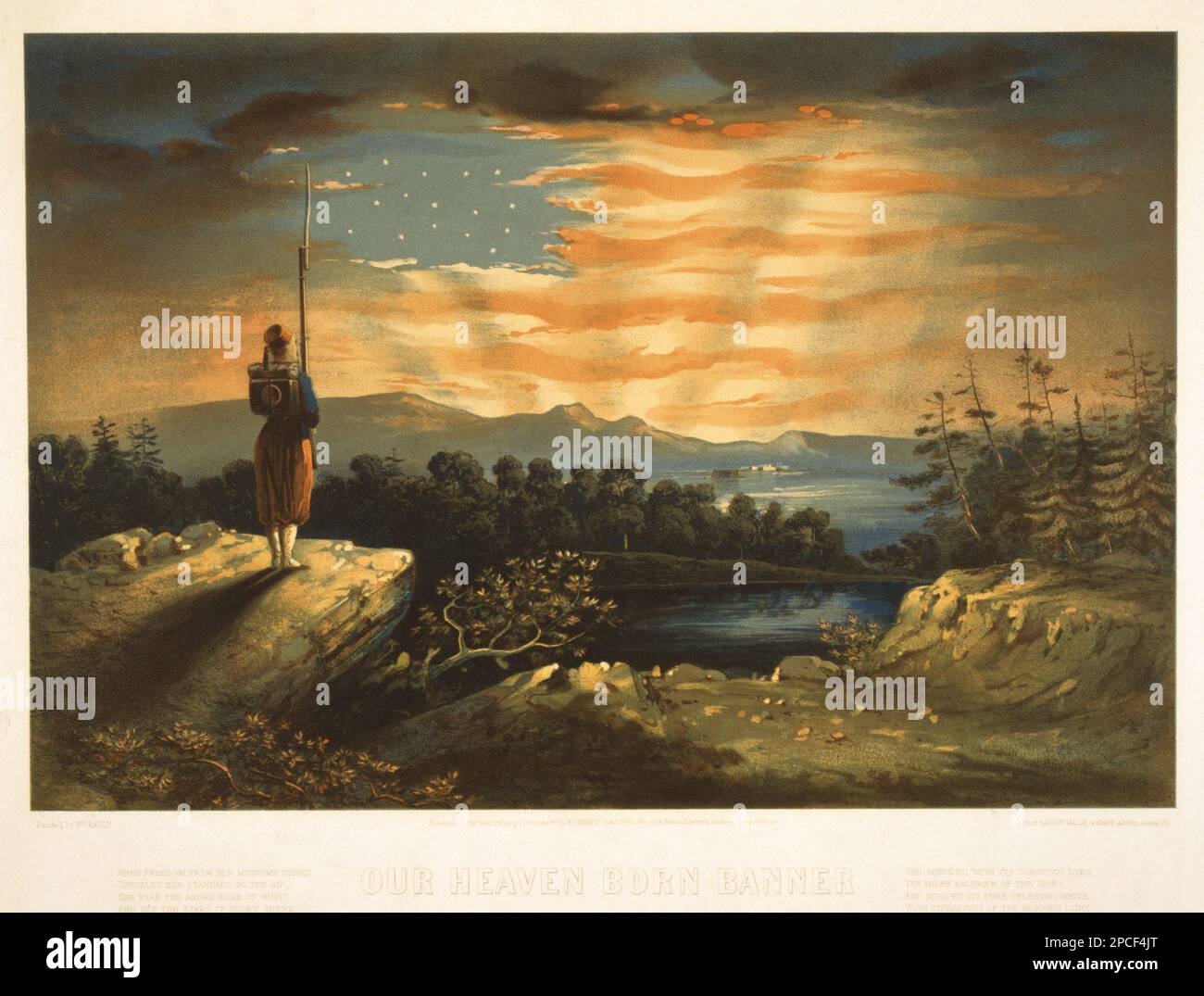 1861 ca , USA : 'Our heaven born banner ' painted by artist William Bauly , lithography of Sarony, Major & Knapp, N.Y. A pro-Union patriotic print, evidently based on Frederic Edwin Church 's small oil painting 'Our Banner in the Sky' or on a chromolithograph reproducing that painting published in New York by Goupil & Co. in the summer of 1861. Church's painting was inspired by the highly publicized Confederate insult to the American flag at Fort Sumter in April 1861 and by a sermon by Henry Ward Beecher published shortly thereafter.  - SECESSION WAR  CIVIL - GUERRA CIVILE DI SECESSIONE AMERIC Stock Photo