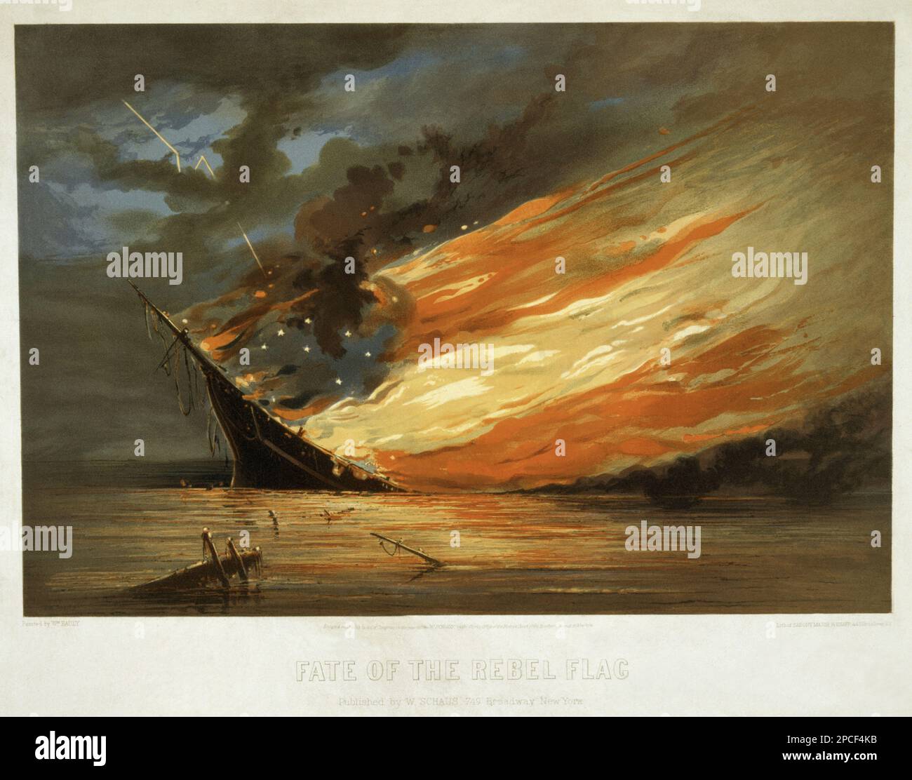 1861 , USA : 'Fate of the rebel Flag ' painted by artist William Bauly , lithography of Sarony, Major & Knapp, N.Y. A pro-Union patriotic print. In a spectacular nocturnal scene, a large warship sinks and burns on a calm sea littered with debris. The flames take on the configuration of the red, white, and blue flag of the Confederacy, the blue field with seven stars being formed by the night sky showing through the flames. Lightning strikes the flag from the upper left.  - SECESSION WAR  CIVIL - GUERRA CIVILE DI SECESSIONE AMERICANA   -   - USA  - nave - boat - navy - fuoco - fiamme - fire - n Stock Photo