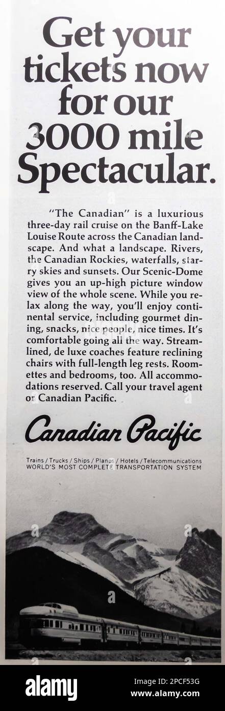 Canadian Pacific rail cruise advert in a Natgeo magazine March 1968 Stock Photo