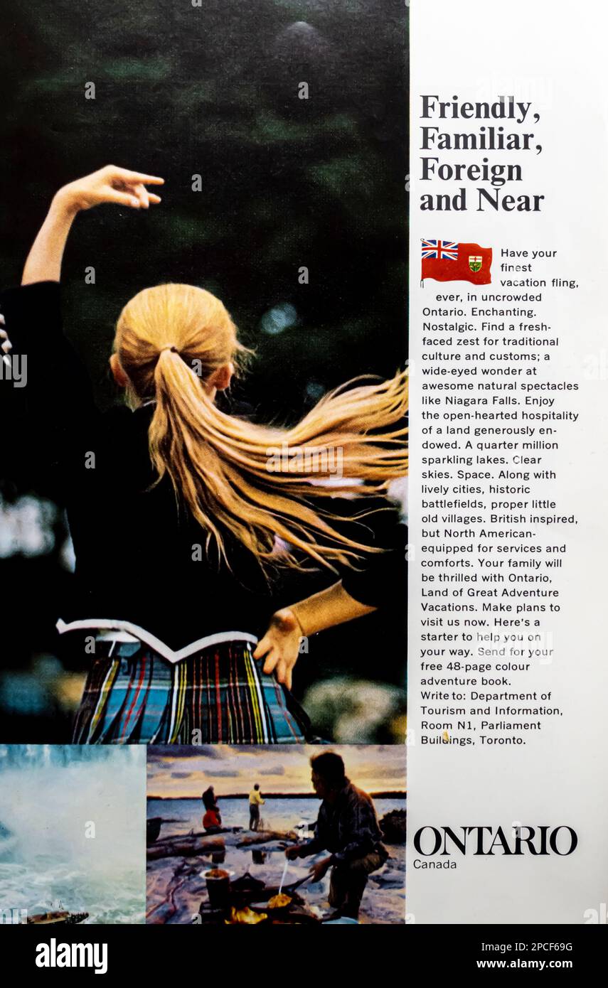 Ontario travel advert in a Natgeo magazine March 1968 Stock Photo
