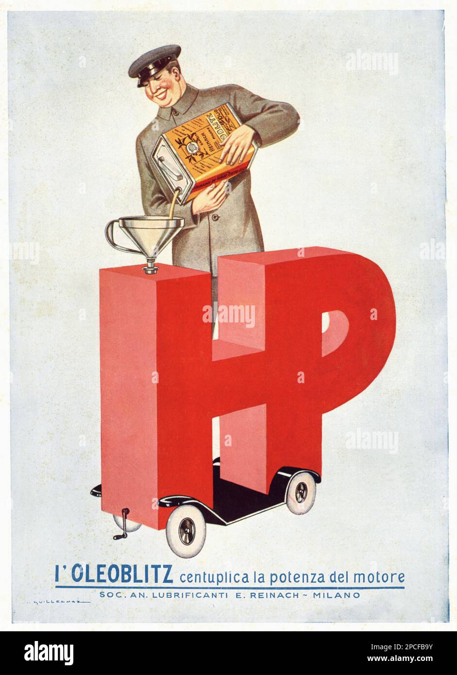 1928, ITALY  : italian advertising poster by HP OLEOBLITZ , Società  Lubrificanti E. Reinach , Milano, oil for cars  Lubrificant . - AUTOMOBILI - OLIO LUBRIFICANTE - AUTOMOBILISMO  - PUBBLICITA' - foto storiche - foto storica - HISTORY - PETROLIO - INDUSTRIA PETROLIFERA - ILLUSTRAZIONE - ILLUSTRRATION - CAR - AUTOMOBILE - ANNI VENTI - 20's - '20  -----  Archivio GBB Stock Photo