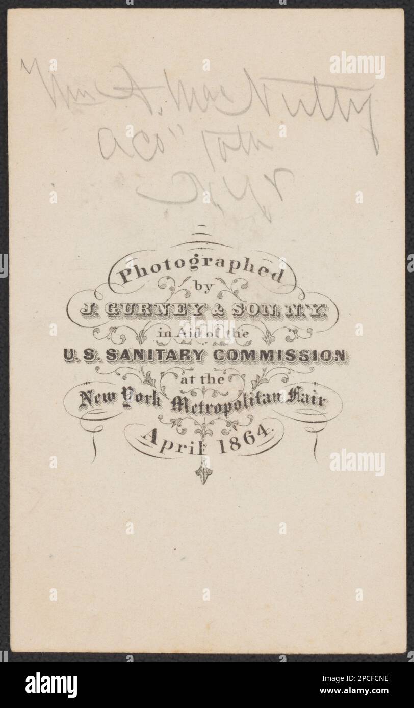 Sergeant William A. McNulty (MacNulty) of Co. A, 10th New York Infantry Regiment in uniform with amputated right arm / photographed by J. Gurney & Son, New York in aid of the Sanitary Commission at the New York Metropolitan Fair, April 1864.. Liljenquist Family Collection of Civil War Photographs , pp/liljpaper. McNulty, William A, 1836-1920, United States, Army, New York Infantry Regiment, 10th (1861- 1865), People, Soldiers, Union, 1860-1870, Amputees, 1860-1870, Military uniforms, Union, 1860-181870, United States, History, Civil War, 1861-1865, Military personnel, Union. Stock Photo