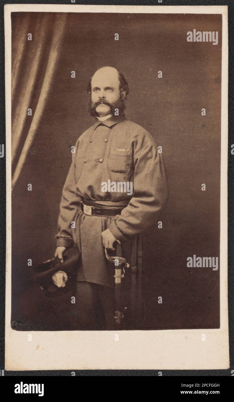 Major General Ambrose Everett Burnside of 1st Rhode Island Infantry Regiment and U.S. Volunteers Infantry Regiment in uniform with sword. Liljenquist Family Collection of Civil War Photographs , pp/liljpaper. United States, Army, Rhode Island Infantry Regiment, 1st (1861), People, United States, Army, People, 1860-1870, Soldiers, Union, 1860-1870, Daggers & swords, 1860-1870, Military uniforms, Union, 1860-1870, United States, History, Civil War, 1861-1865, Military personnel, Union. Stock Photo