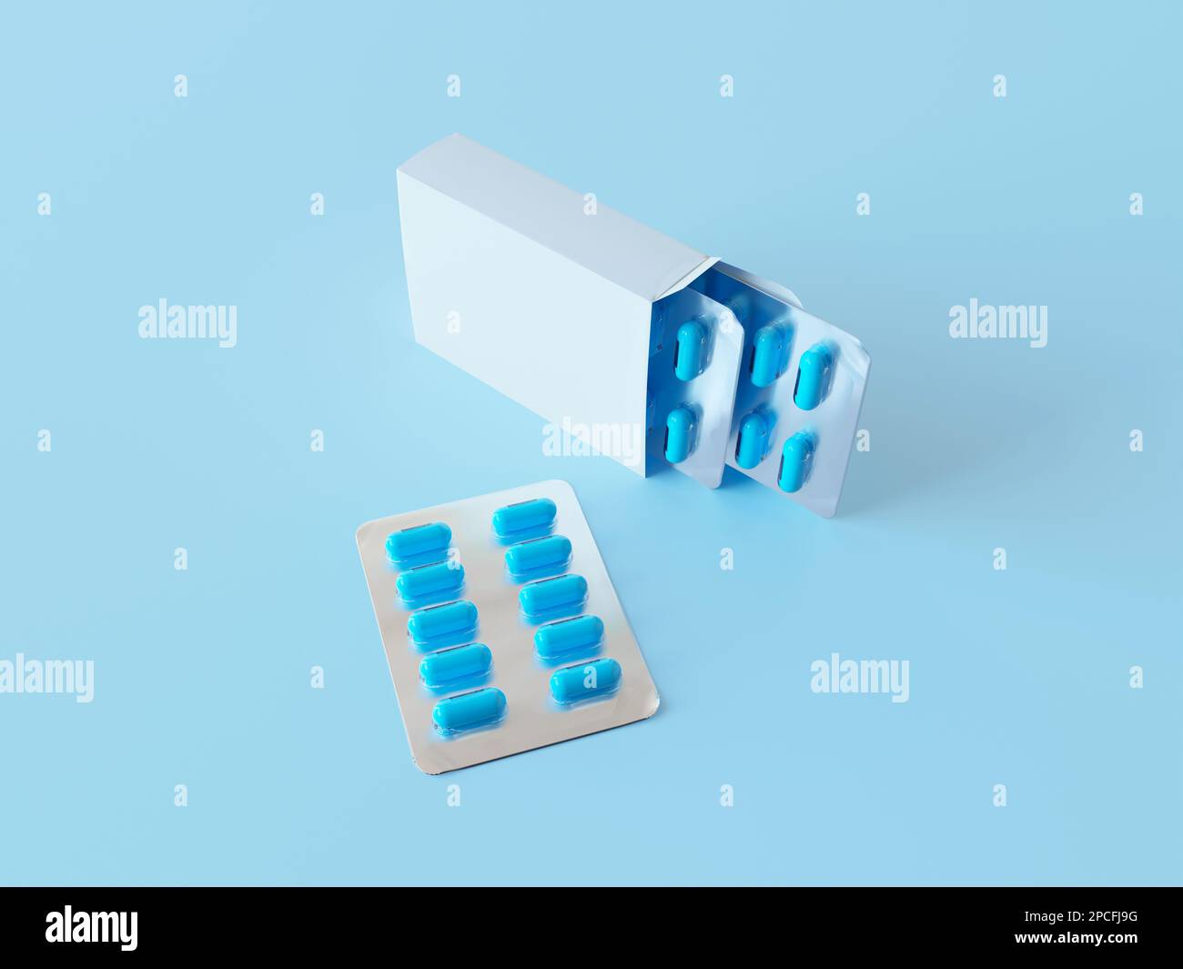 Realistic white blank paper package box with pills and blister. Blue medical capsules isolated on blue background. A group of antibiotic pill capsules Stock Photo