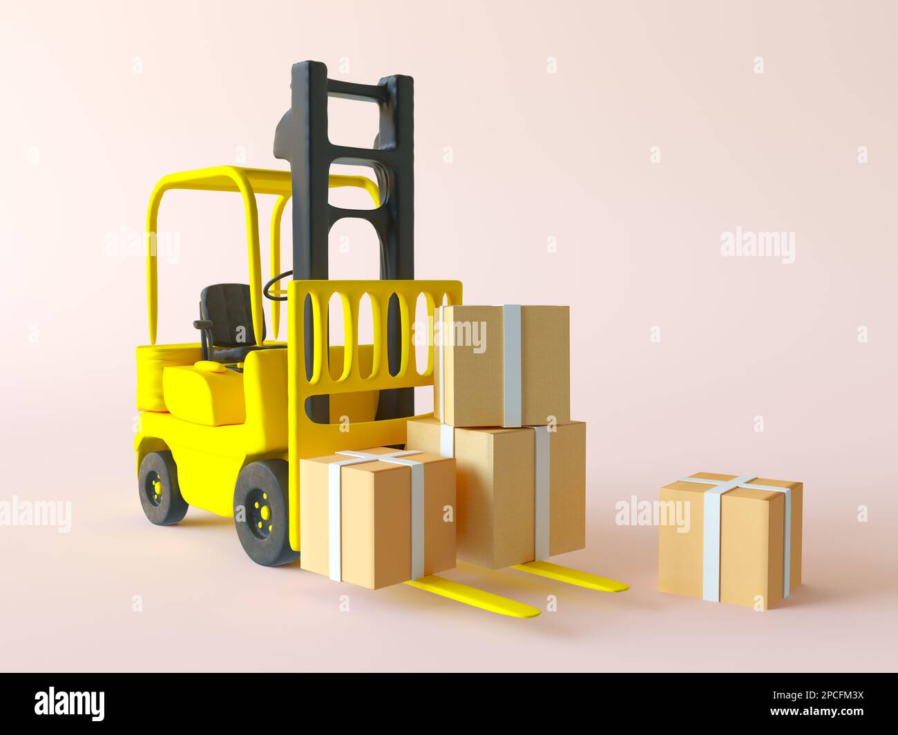 A small yellow black loader, a bunch of cardboard boxes with white tape. Cartoon icon of warehouse, transportation, parcel storage. Stock Photo