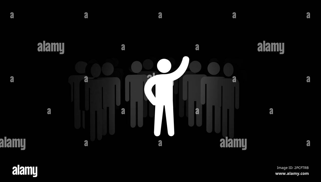 Glowing white human shape stickman among dark ones. 3D render leadership, individuality and standing out of crowd concept. Black illustration surface Stock Photo