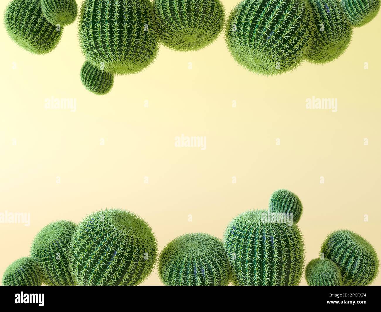 A template for a banner with an empty space in the middle. Pastel yellow background, top and bottom pattern of small prickly green cacti. Stock Photo