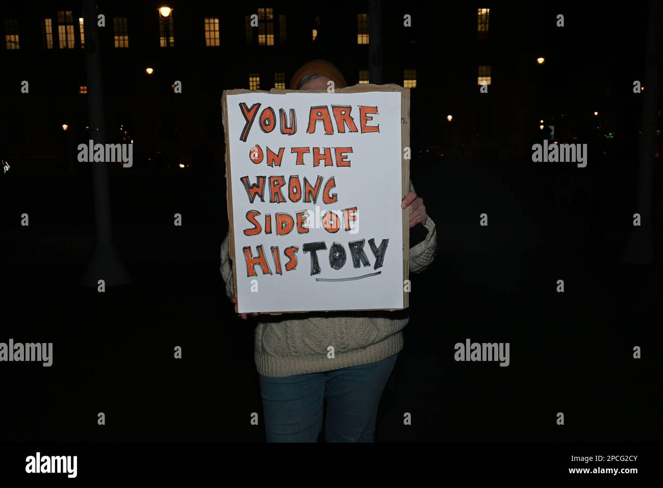 Parliament Square, London, UK, 13th March 2023. Stop the fascist intimidation of NATO and the lies, the propaganda alias democracy, human rights and invasion of freedom destroy the refugees from 3 to 5 generations of life, forcing them to flee. Stop the invasion. Do not welcome refugees even if refugees permit asylum. They will continue to be assaulted by the British citizen for stealing their jobs, housing and benefits. Credit: See Li/Picture Capital/Alamy Live News Stock Photo