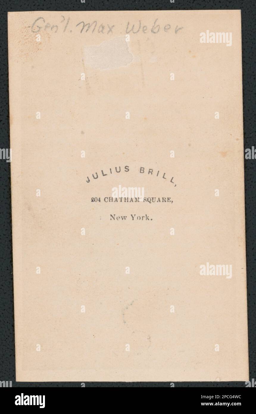 Brigadier General Max Weber, 20th New York Infantry Regiment and General Staff U.S. Volunteers Infantry Regiment in uniform, with a sling on his arm / Julius Brill, 204 Chatham Square, New York.. Liljenquist Family Collection of Civil War Photographs , pp/liljpaper. Weber, Max, 1824-1901, United States, Army, New York Infantry Regiment, 20th (1861-1863), People, Soldiers, Union, 1860-1870, Military uniforms, Union, 1860-1870, War casualties, 1860-1870, Arm slings, 1860-1870, United States, History, Civil War, 1861-1865, Military personnel, Union, United States, History, Civil War, 1861-1865, M Stock Photo