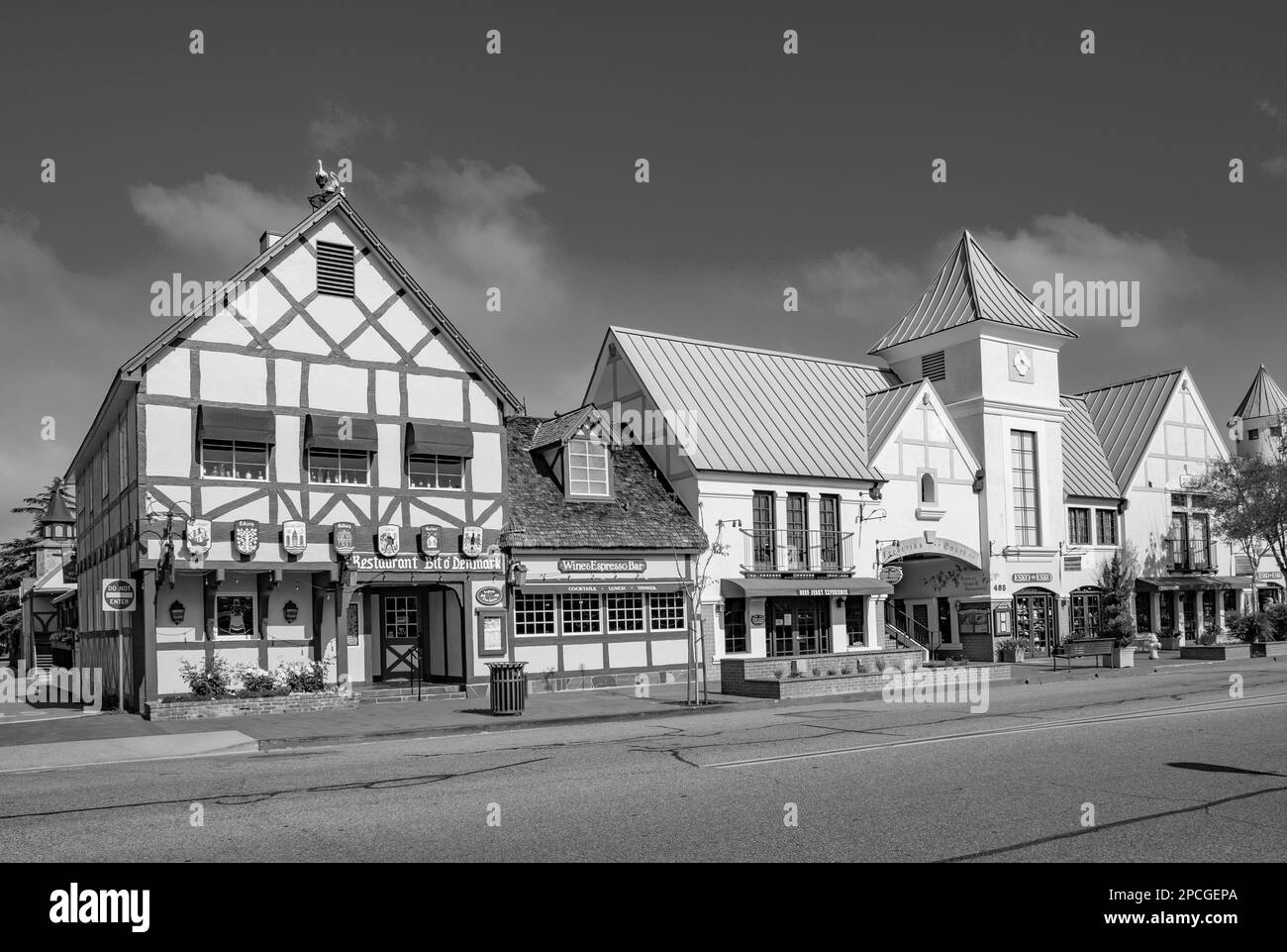 Solvang, California, USA - APRIL 22, 2019: old Main street in Solvang historic downtown, Santa Ynez Valley in Santa Barbara County. A Danish Village i Stock Photo