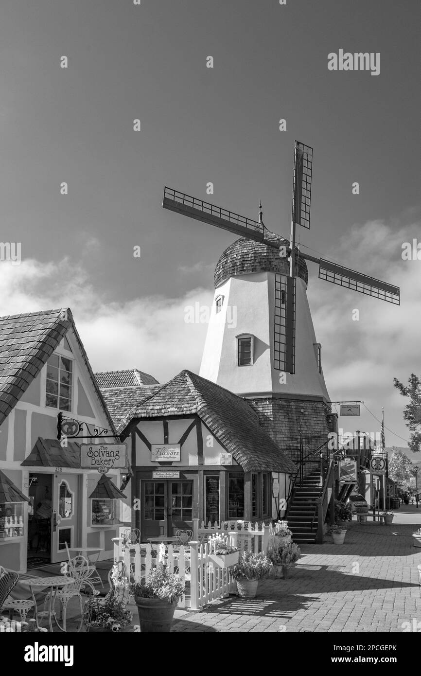 Solvang, California, USA - APRIL 22, 2019: old wind mill in Solvang historic downtown, Santa Ynez Valley in Santa Barbara County. A Danish Village is Stock Photo