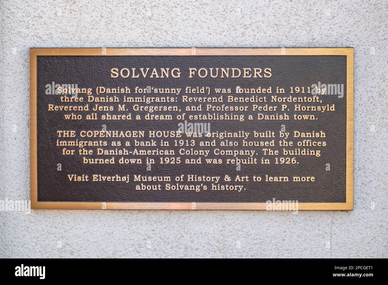 Solvang, California, USA APRIL 22, 2019memorial plate to honor. the danish founders of