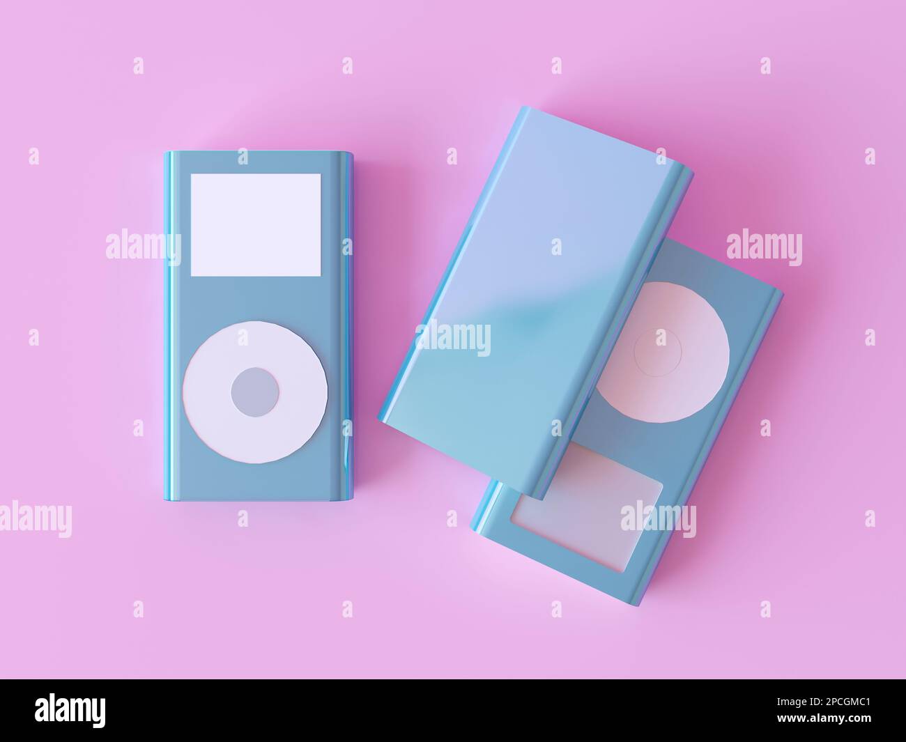Blue metallic Aluminium MP3 Player with white round button isolated on pink background top view. Three music players. Simple White button MP3 Stock Photo