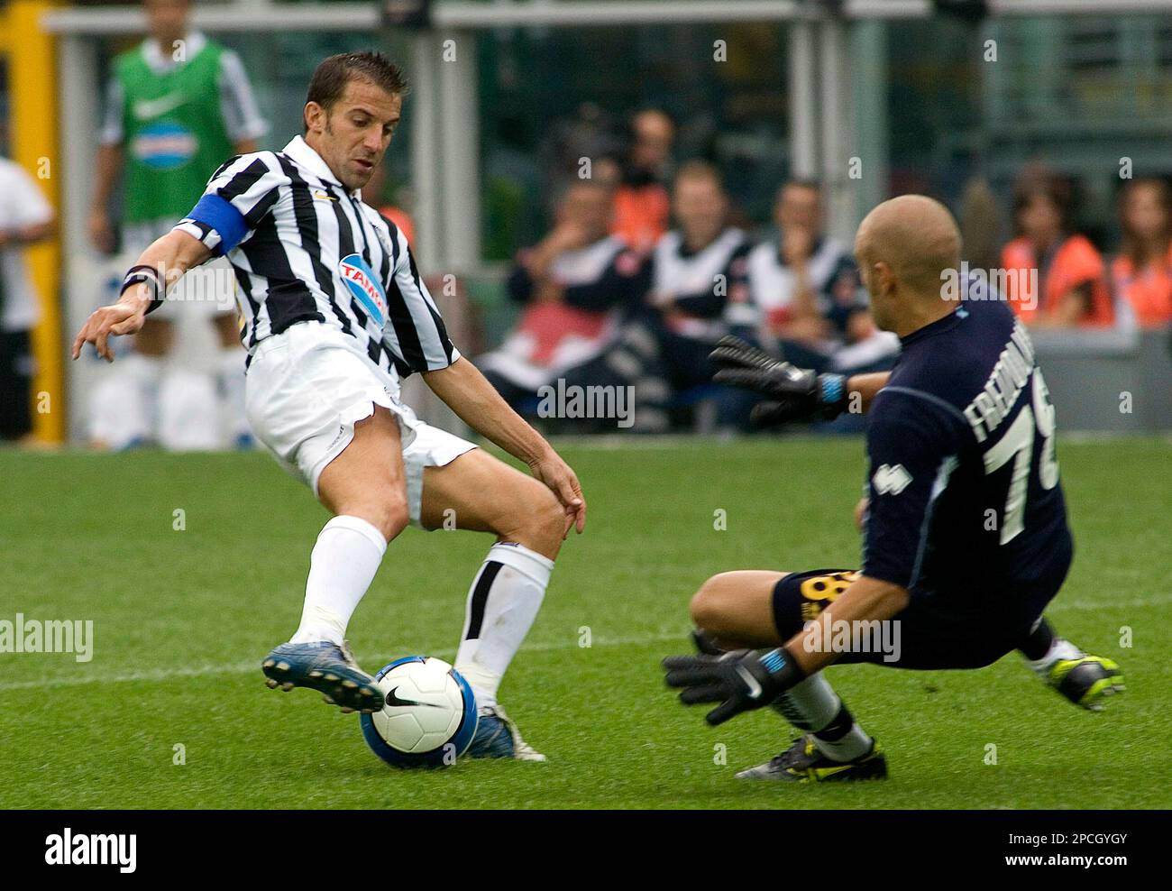 Juventus striker Alex Del Piero dribbles past Modena goalkeeper