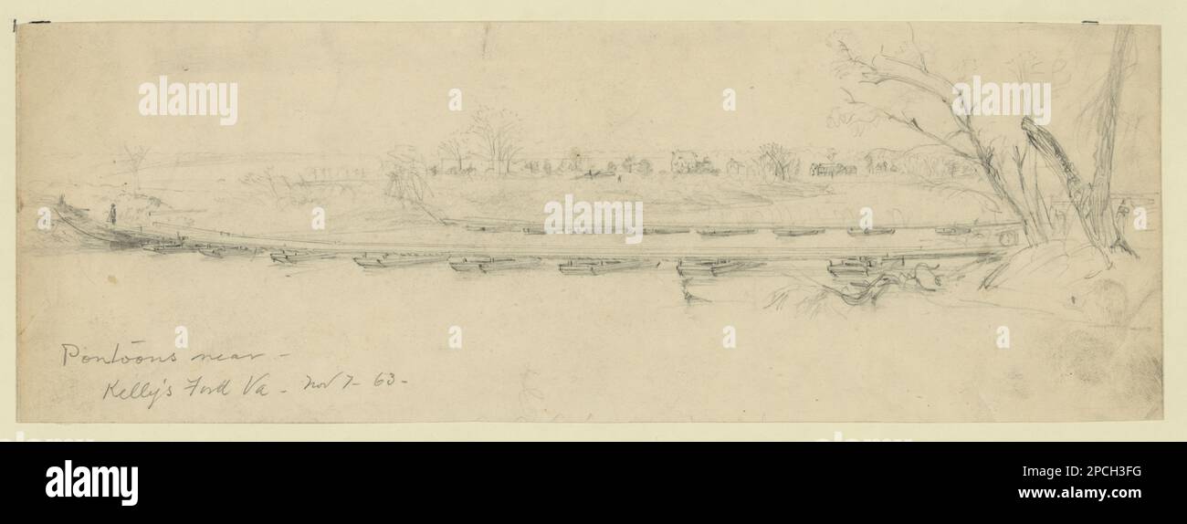 Pontoons near Kelly's Ford Virginia Nov 7- 63. Morgan collection of Civil War drawings. Kelly's Ford, Battle of, Va, 1863, Pontoon bridges, 1860-1870, United States, History, Civil War, 1861-1865, Transportation, United States, Virginia, Rappahannock River , United States, Virginia, Kelly's Ford Stock Photo