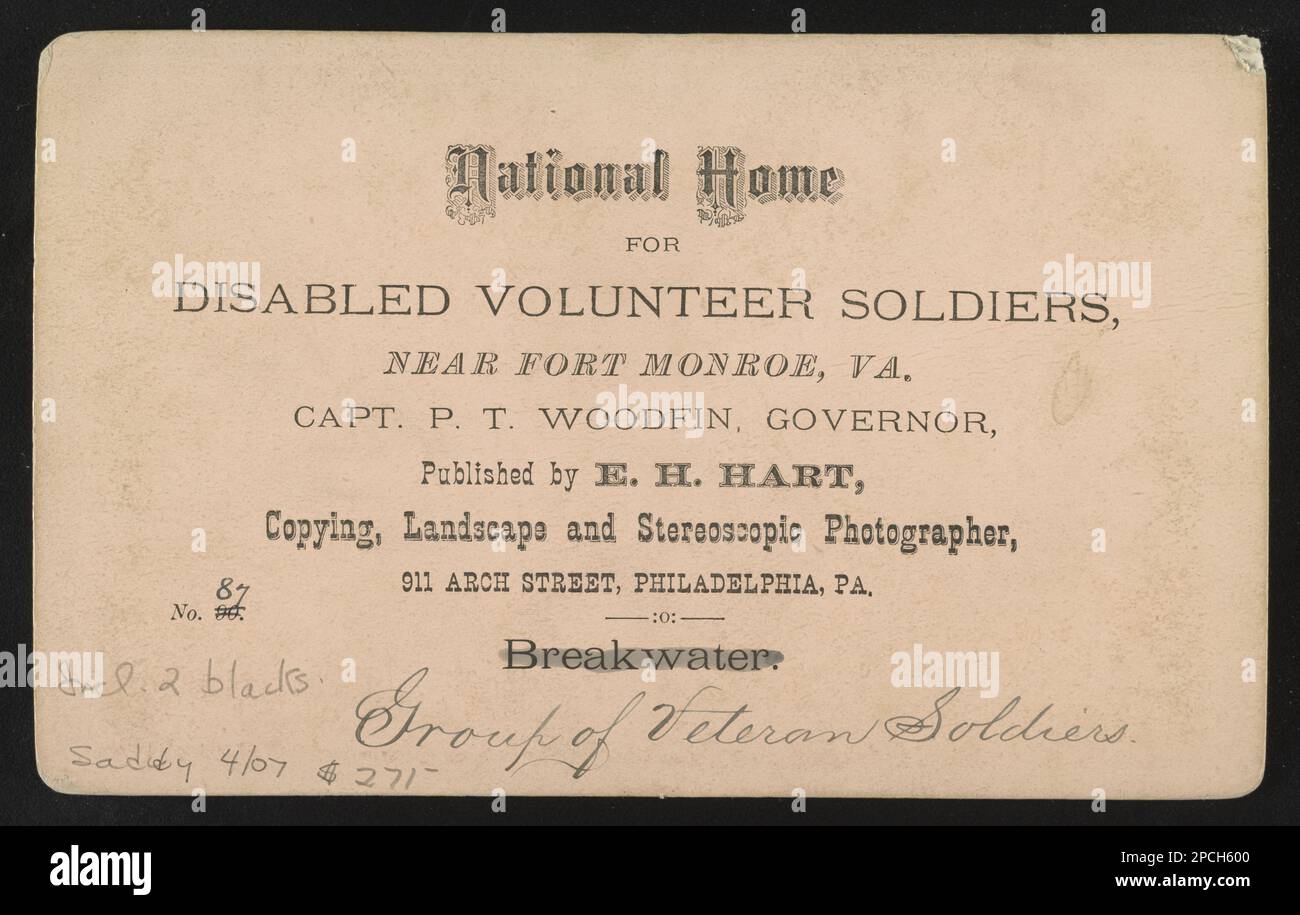 Group of veteran soldiers, National Home for Disabled Volunteer Soldiers, near Fort Monroe, Virginia, Captain P.T. Woodfin, Governor. The Robin G. Stanford Collection, Digitized 2015 Funding from Center for Civil War Photography. United States, History, Civil War, 1861-1865, Virginia, Hampton Stock Photo