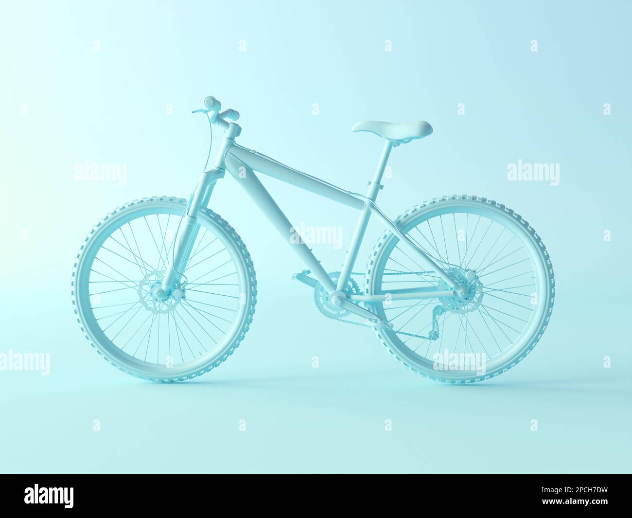 Mint pastel background, monochrome bike in empty space. Blue minimal bicycle, concept of active sport travel. Monochrome. 3D render Stock Photo