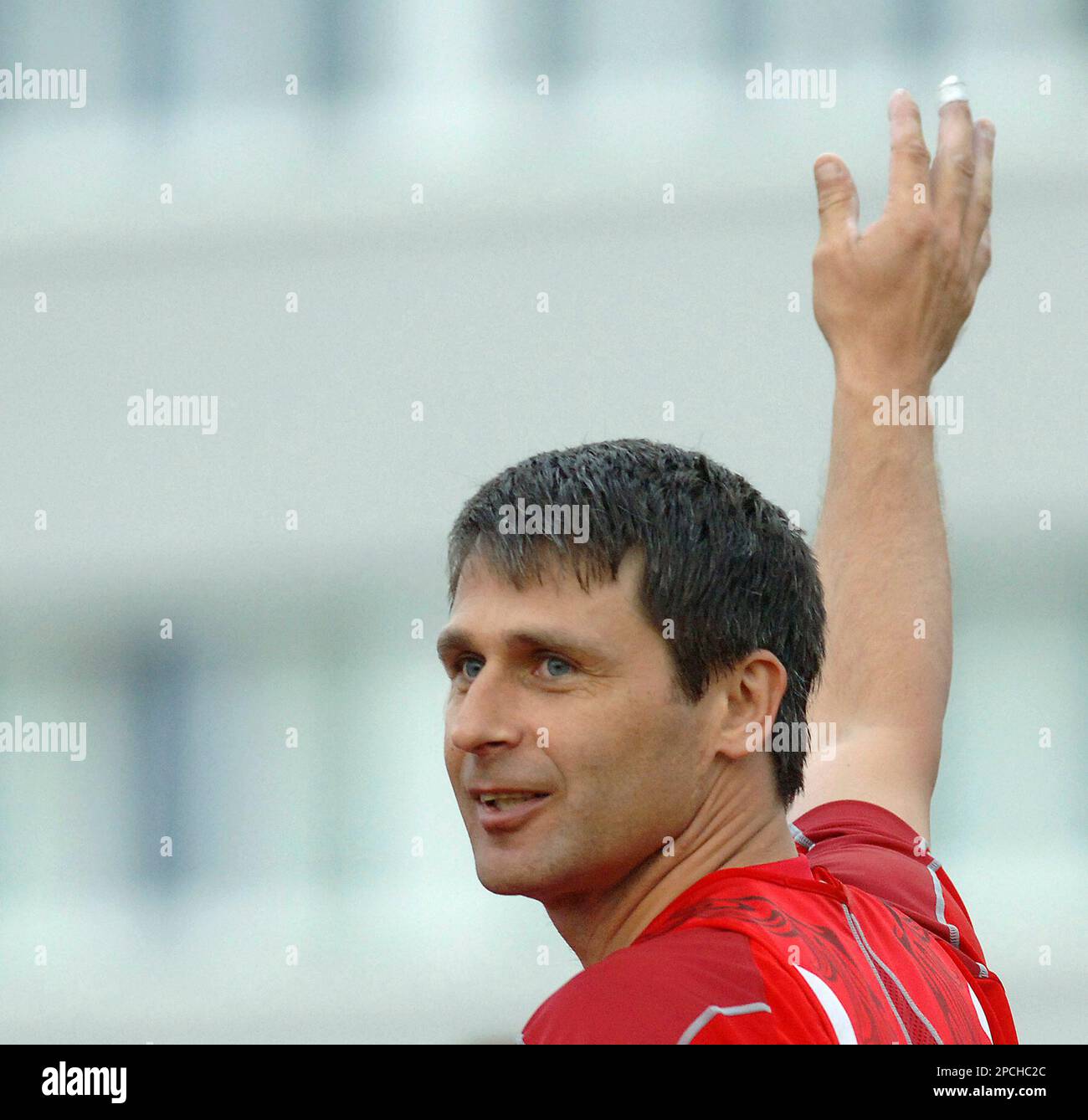 Czech world record holder in the javelin Jan Zelezny waves to