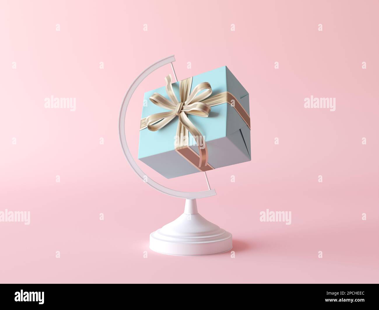 Pastel Blue gift box with gold ribbon Floating on white globe stage. Creative concept of gift, celebration isolated on pink background. 3D render Stock Photo