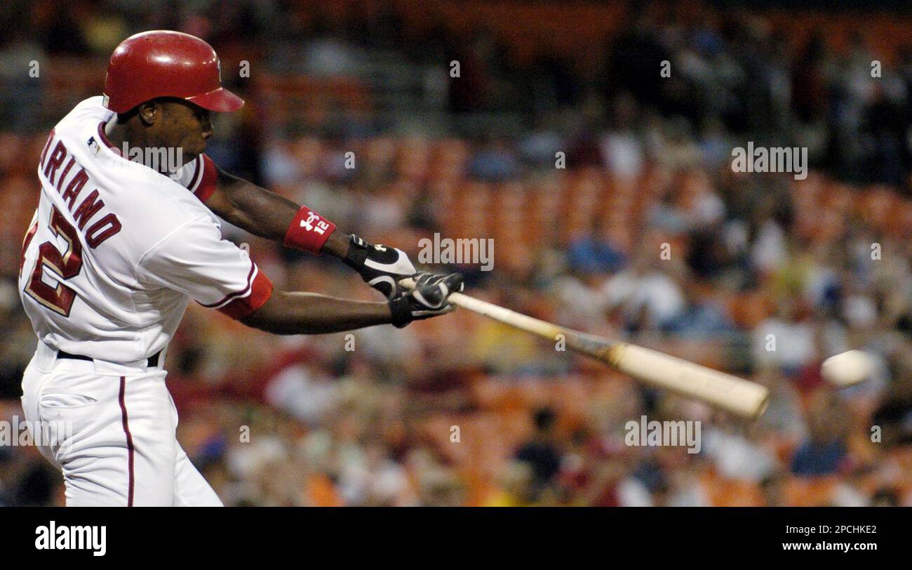 Washington Nationals' Alfonso Soriano hits a single against the