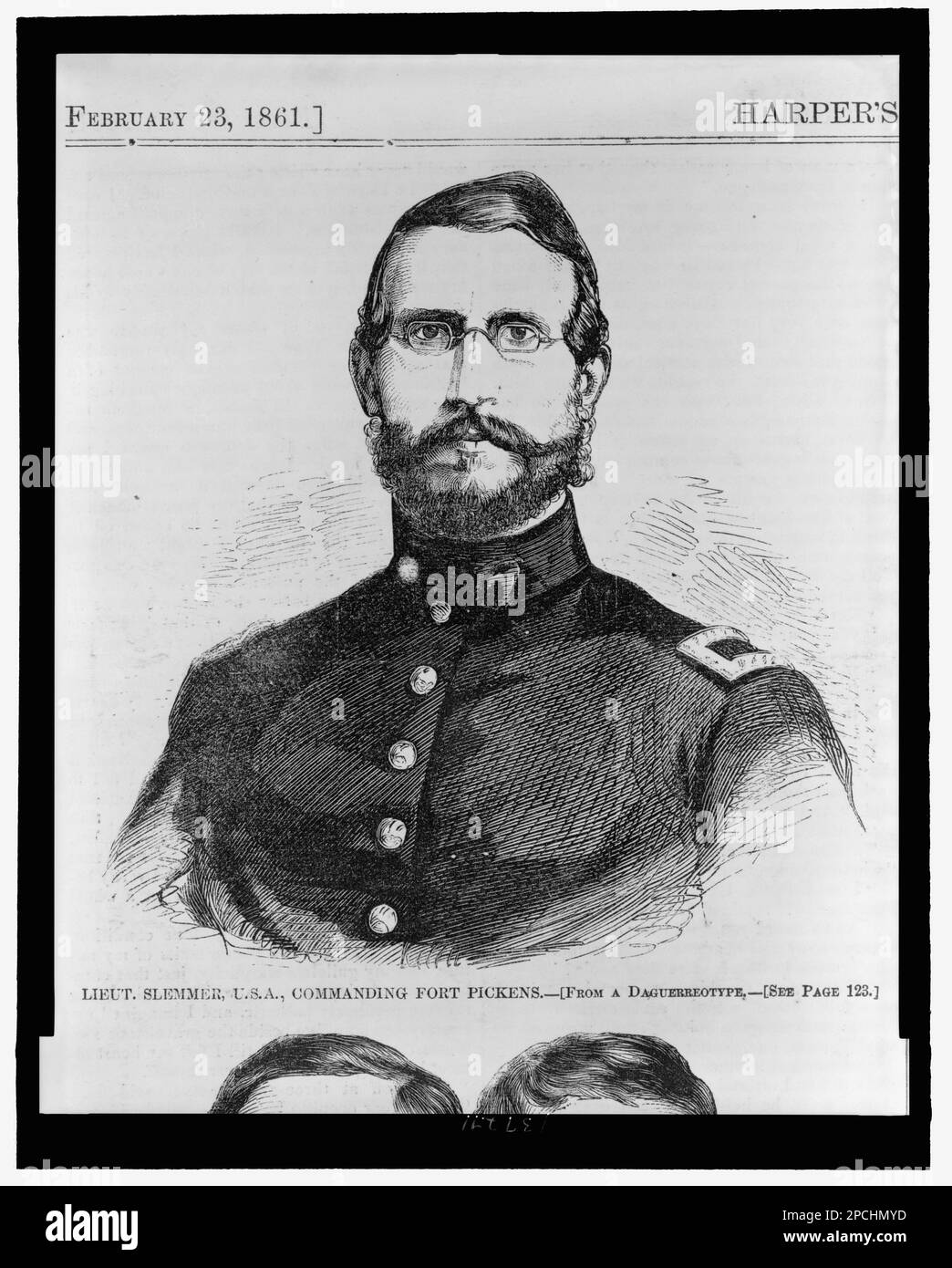 Lieut. Slemmer, U.S.A, commanding Fort Pickens from a Daguerreotype. Illus. in: Harper's weekly, v. 5, no. 217 (1861 Feb. 23), p. 125, Title from item. Slemmer, Adam J, 1824-1868, Military service, Military officers, Union, 1860, 1870, United States, History, Civil War, 1861-1865, Military personnel, Union. Stock Photo