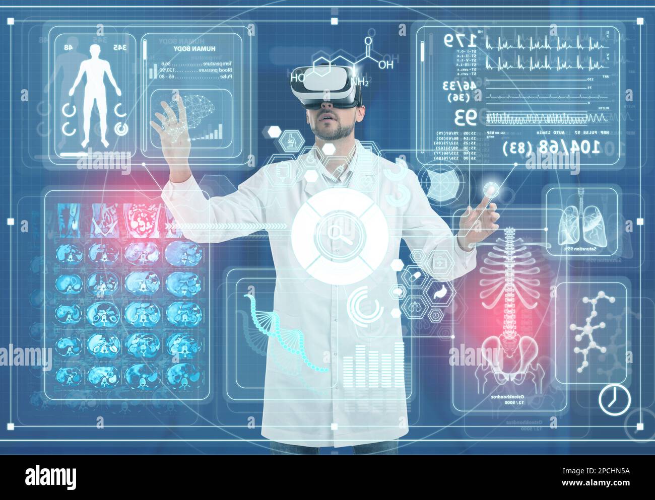 Medical technology concept. Doctor using virtual reality headset to