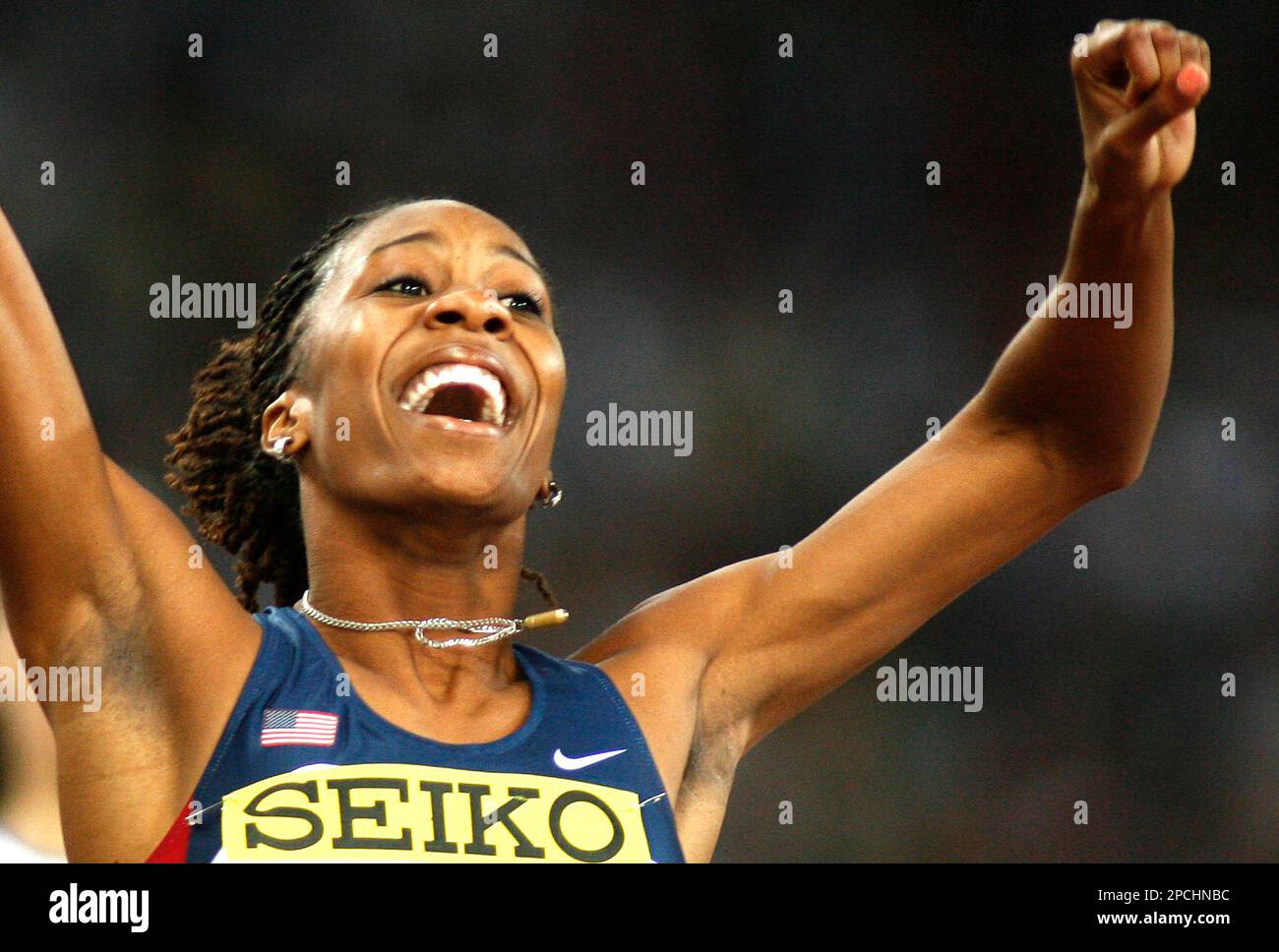 USA's Sanya Richards celebrates after winning the women's 400 meters
