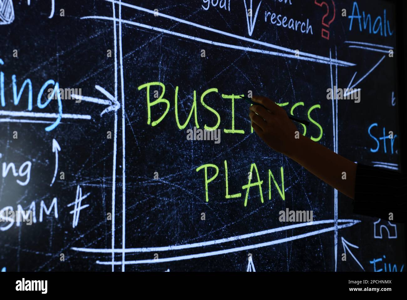 Business trainer with pen using interactive board, closeup Stock Photo