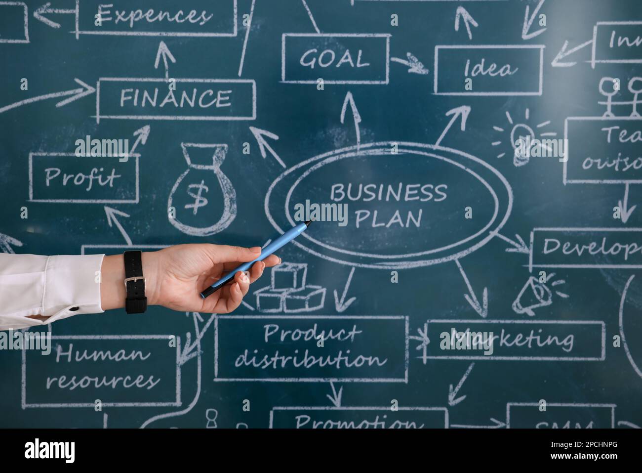 Business trainer with pen using interactive board, closeup Stock Photo