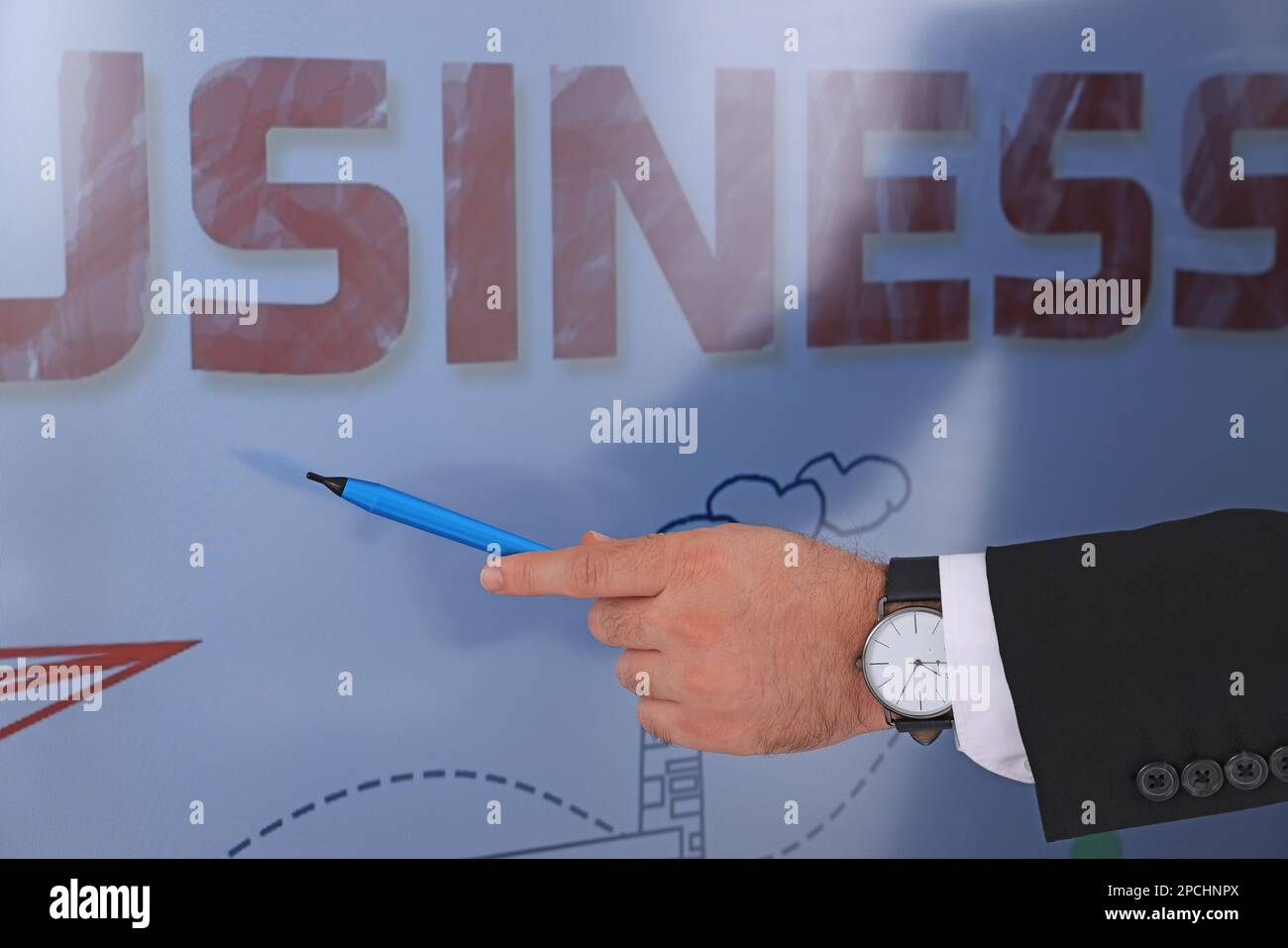 Business trainer with pen using interactive board, closeup Stock Photo