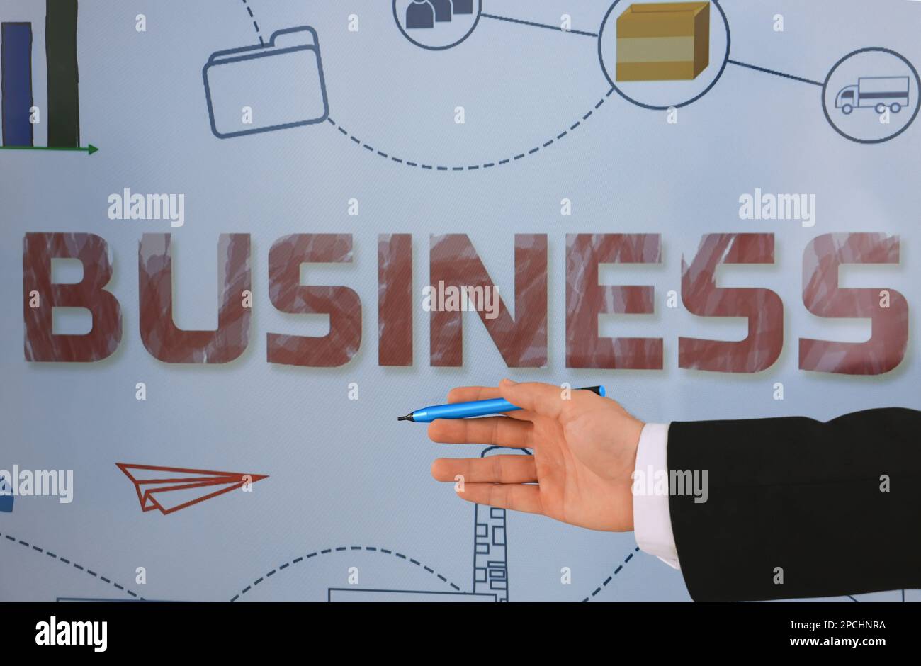 Business trainer with pen using interactive board, closeup Stock Photo