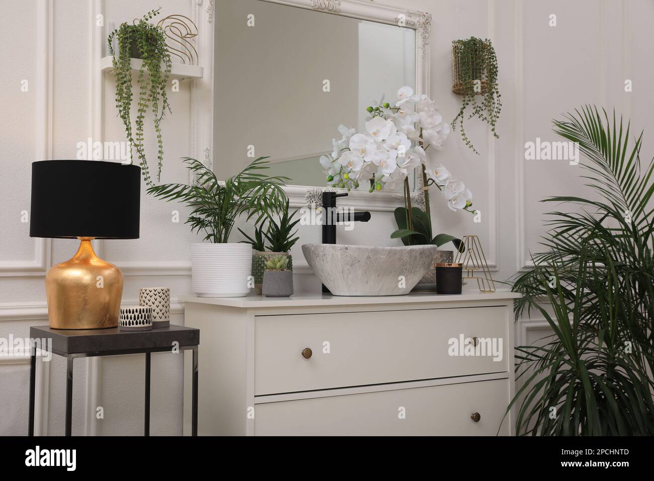 Stylish bathroom interior with modern furniture and beautiful houseplants Stock Photo