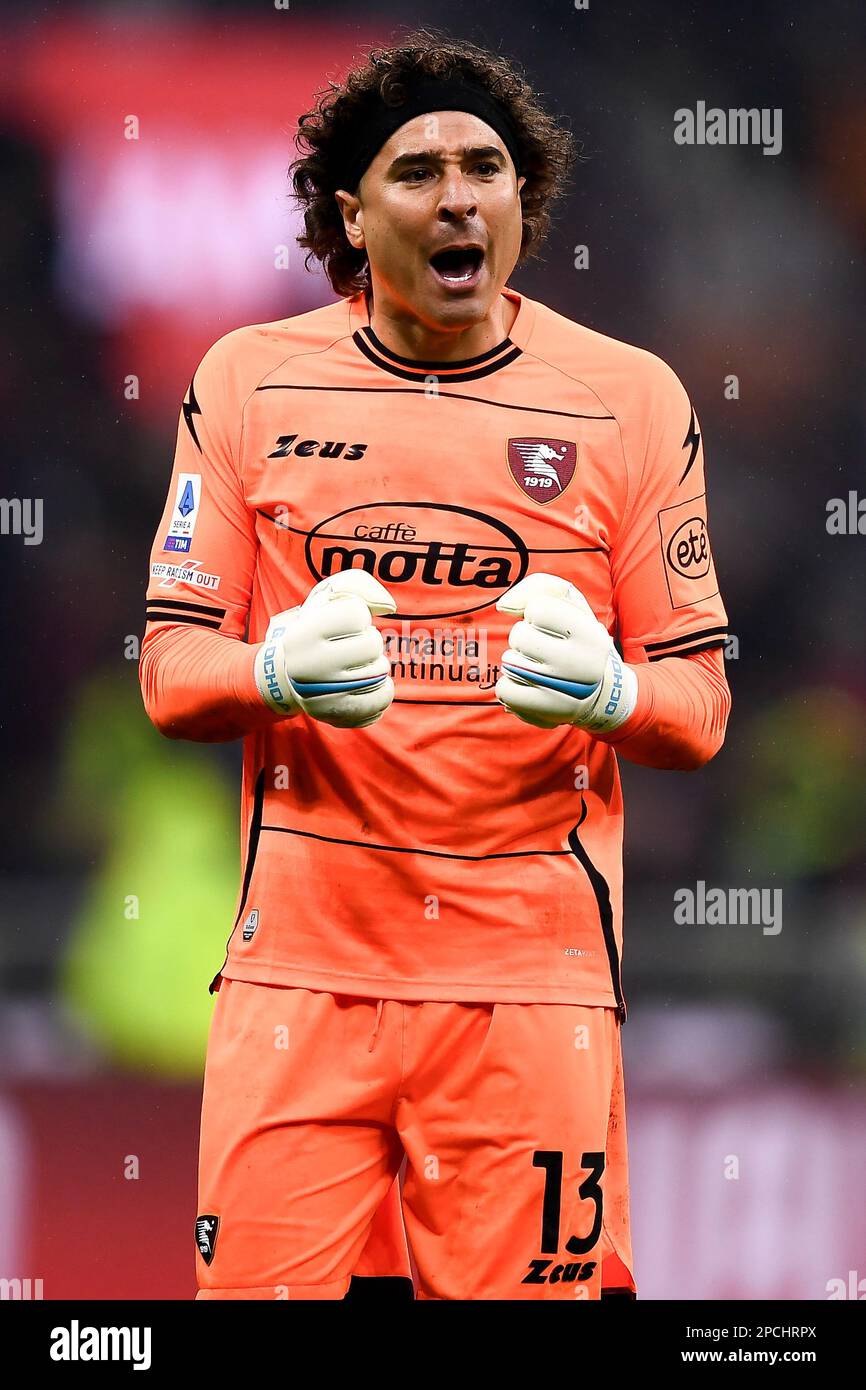 Milan, Italy. 13 March 2023. Guillermo Ochoa of US Salernitana celebrates at the end of the Serie A football match between AC Milan and US Salernitana. Credit: Nicolò Campo/Alamy Live News Stock Photo