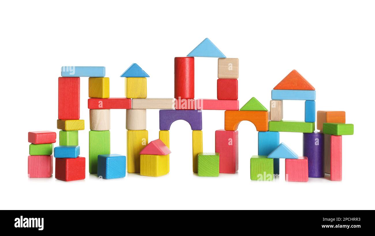 Building made of colorful wooden blocks on white background Stock Photo ...