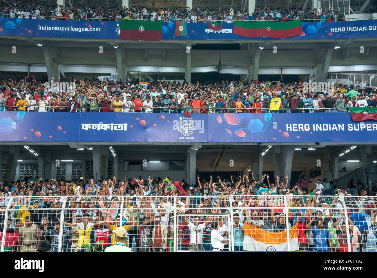 Kolkata, West Bengal, India. 13th Mar, 2023. ATKMB beats Hyderabad FC on a penalty shoot-out (4-3 result) in Hero Indian Super League 2022-23 (2nd leg semifinal) at VYBK Stadium, Kolkata on 13th March 2023. Both ATK Mohun Bagan and Hyderabad FC fail to find the desired goal in regulation time. ATKMB will meet Bengaluru FC in this year's ISL (Indian Super League) Final at Fatorda Stadium, Goa on 18th March 2023. (Credit Image: © Amlan Biswas/Pacific Press via ZUMA Press Wire) EDITORIAL USAGE ONLY! Not for Commercial USAGE! Stock Photo