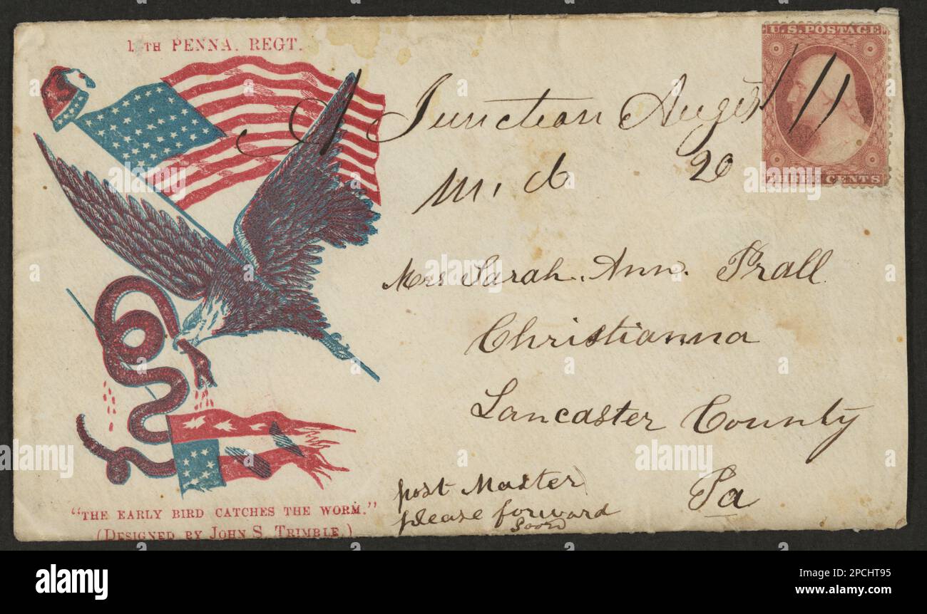 Civil War envelope showing an eagle carrying an American flag in its claw and a serpent in its beak with motto 'The early bird catches the worm' below. Title devised by Library staff, Addressed to Mrs. Sarah Ann Prall, Christianna, Lancaster County, Pa.; hand-canceled; bears 3 cent stamp, Notation: Post master, please forward soon, 1[?]th Penna. Regt, Gift; Tom Liljenquist; 2010; (DLC/PP-2010:105), pp/liljmem. Eagles, 1860-1870, Serpents, 1860-1870, Symbols, 1860-1870, United States, History, Civil War, 1861-1865, Social aspects. Stock Photo