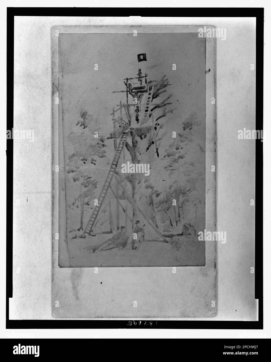 Sketch of U.S. Army Signal Corps observation and signal tower. Title devised by Library staff, Printed on verso: Silsbee, Case & Co. Photograph Artists, 299 1/2 Washington St, Boston. Myer, Albert James, 1829-1880, Associated objects, United States, Army, Signal Corps, Facilities, Signal towers, United States, 1860-1870, United States, History, Civil War, 1861-1865, Communications. Stock Photo