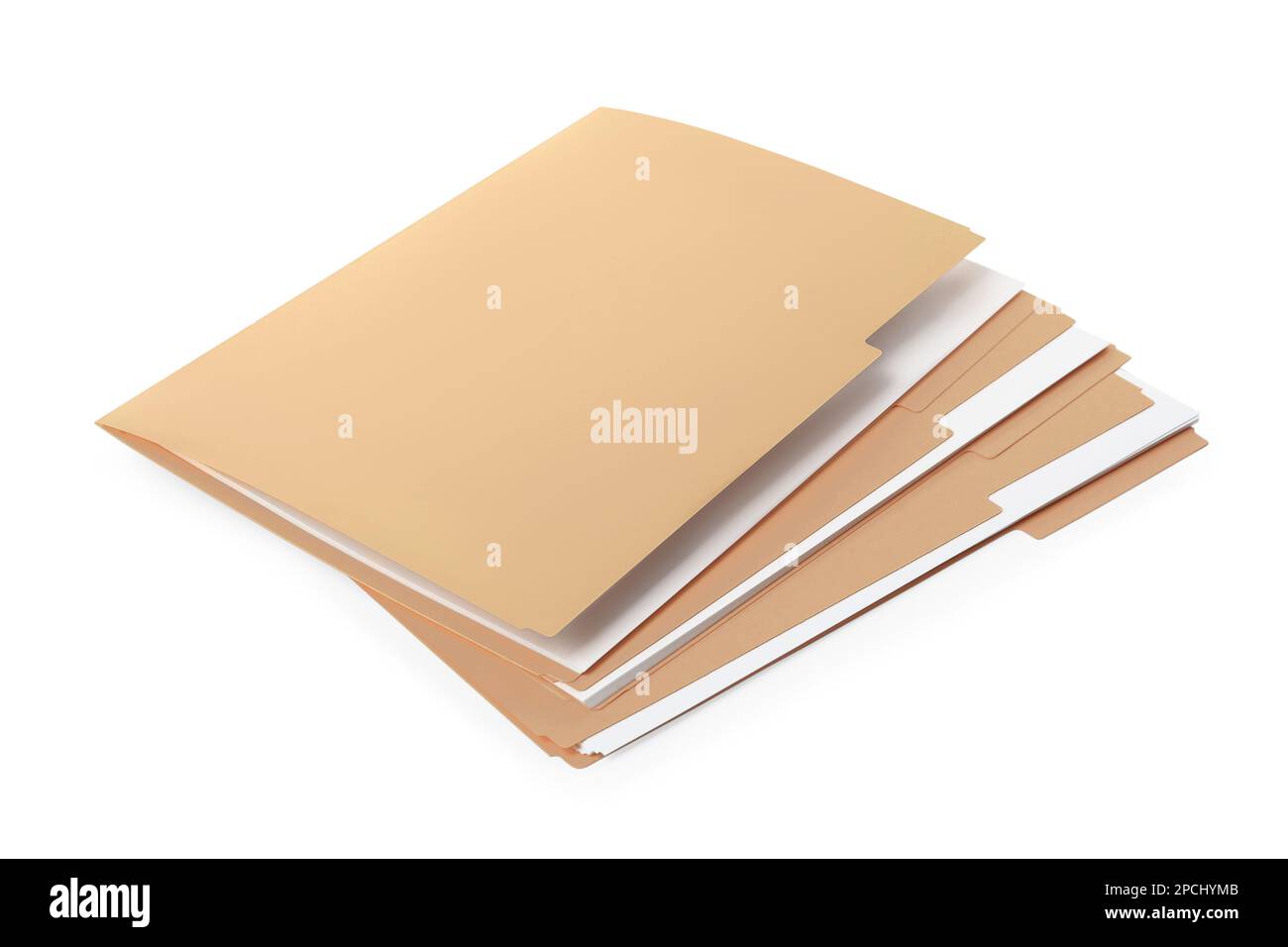 Stack of yellow files with documents on white background Stock Photo ...