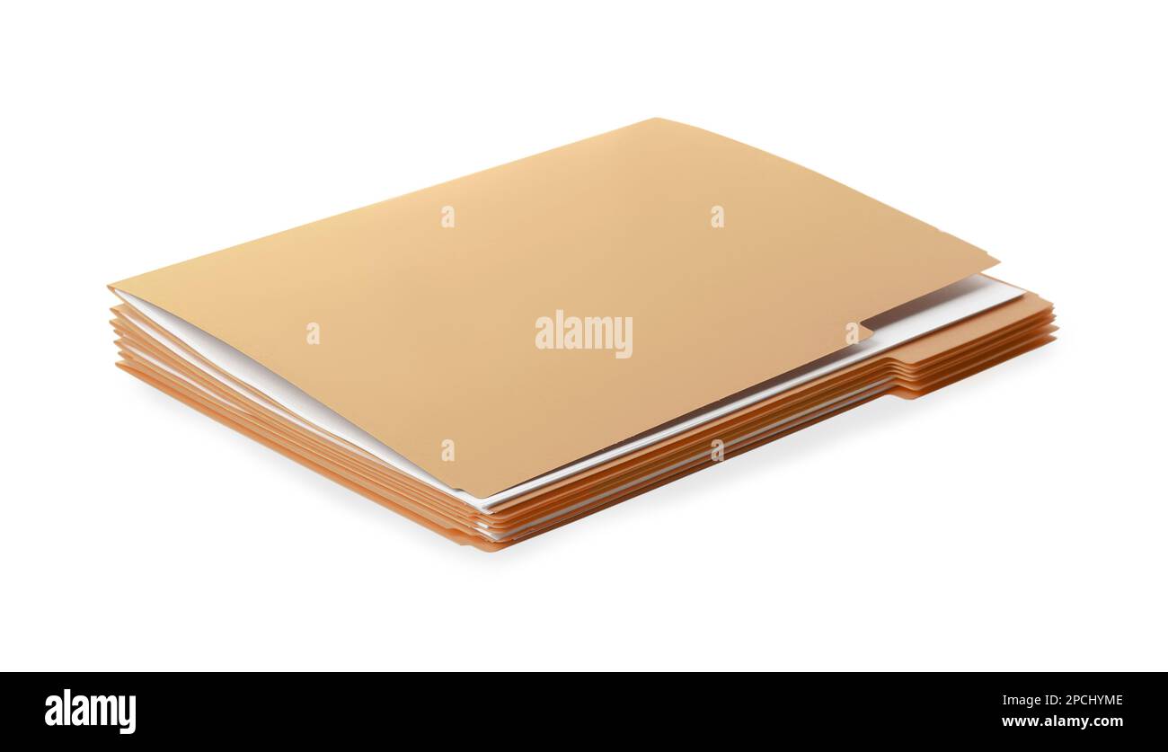 Stack of yellow files with documents on white background Stock Photo ...