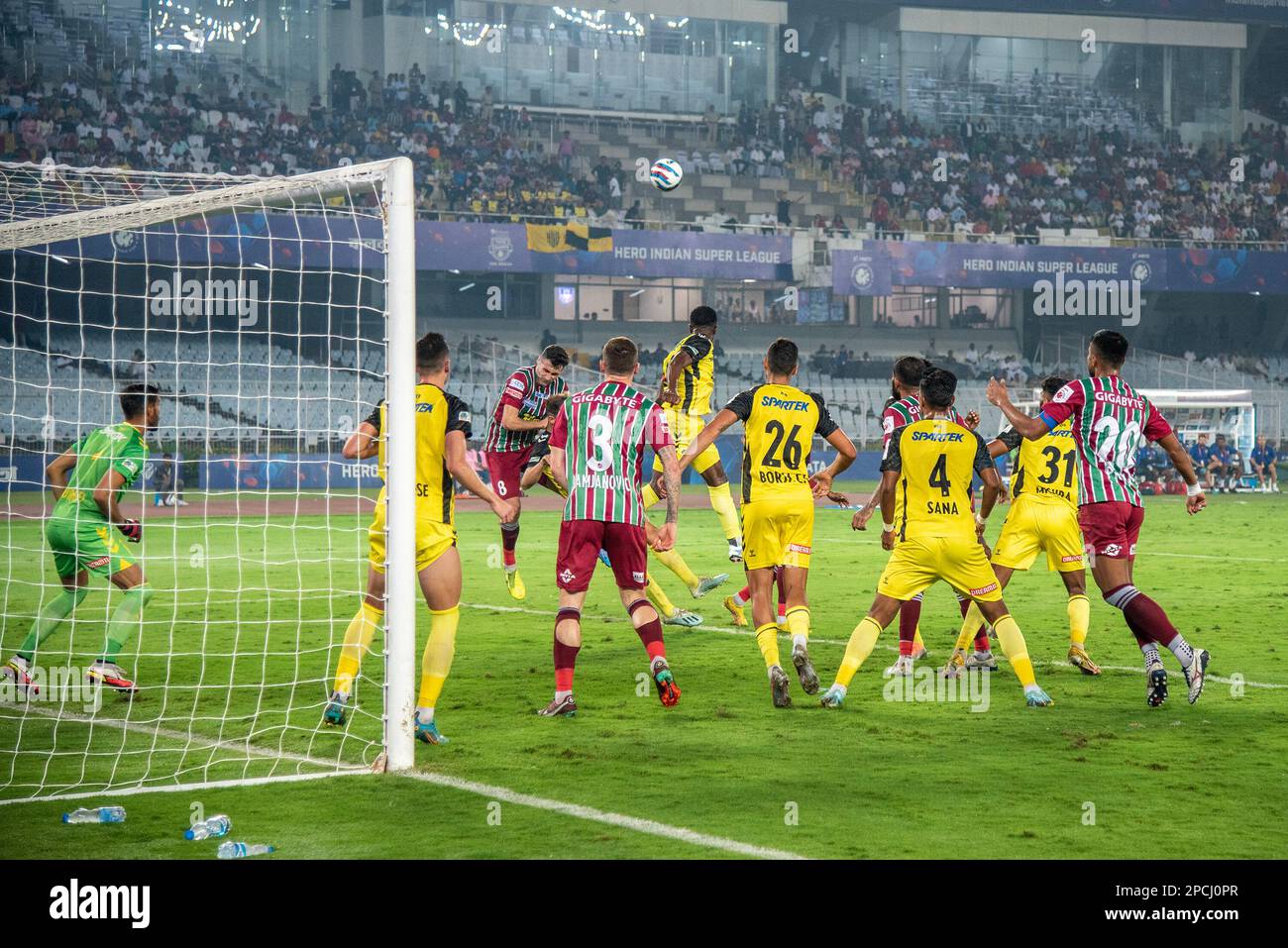Kolkata, West Bengal, India. 13th Mar, 2023. ATKMB beats Hyderabad FC on a penalty shoot-out (4-3 result) in Hero Indian Super League 2022-23 (2nd leg semifinal) at VYBK Stadium, Kolkata on 13th March 2023. Both ATK Mohun Bagan and Hyderabad FC fail to find the desired goal in regulation time. ATKMB will meet Bengaluru FC in this year's ISL (Indian Super League) Final at Fatorda Stadium, Goa on 18th March 2023. (Credit Image: © Amlan Biswas/Pacific Press via ZUMA Press Wire) EDITORIAL USAGE ONLY! Not for Commercial USAGE! Stock Photo