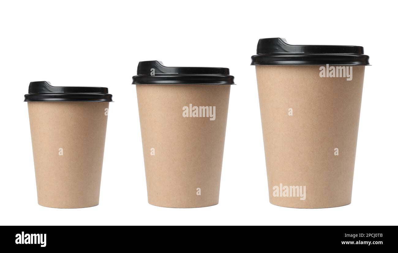 Paper coffee cups of different sizes on white background, collage Stock ...