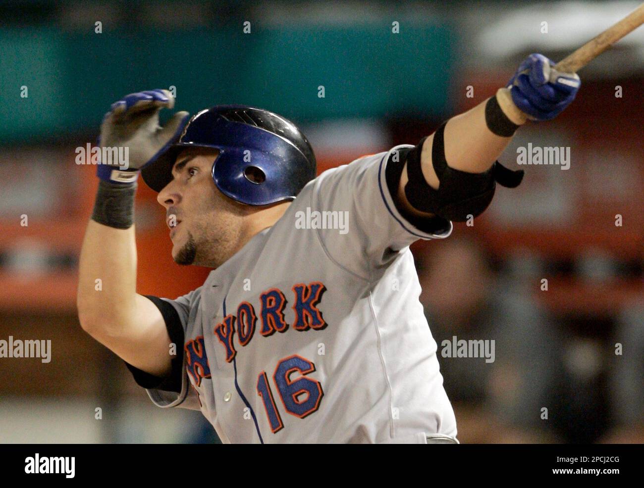 New York Mets' Paul Lo Duca follows through on his game tying double  against the Florida Marlins in the sixth inning of a baseball game  Wednesday, Sept. 13, 2006 in Miami. Tom