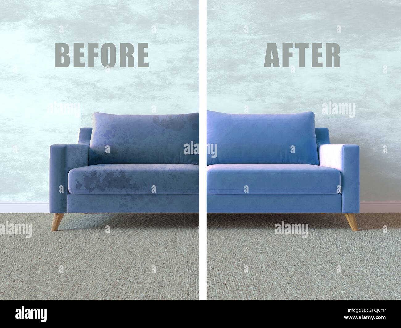 Dirty and clean sofa before and after dry cleaning in room. Blue soft sofa dirt stains. Sofa