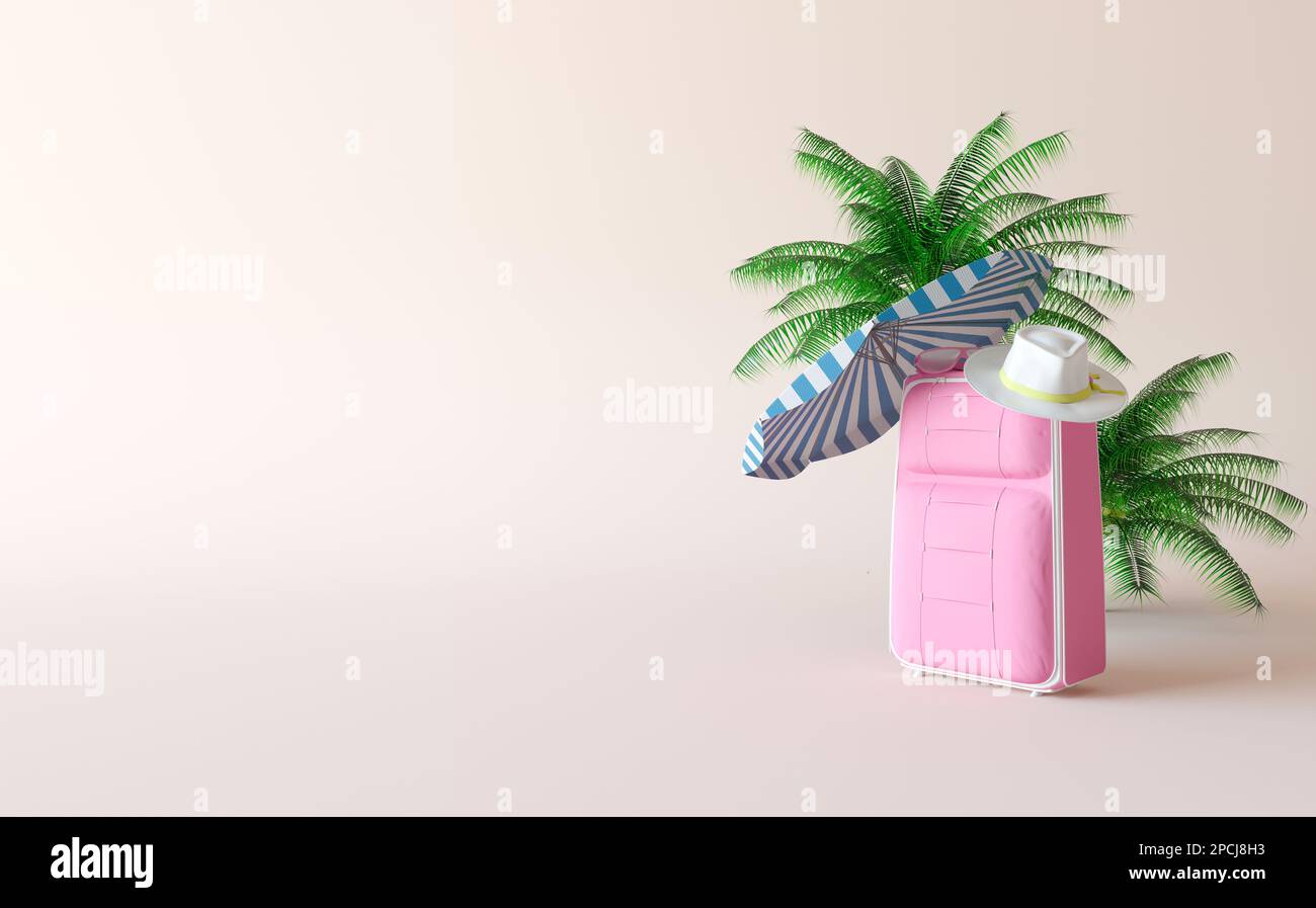 Pink suitcase with travel accessories on light background. travel concept. 3d rendering illustration. Striped beach umbrella, sunglasses Stock Photo