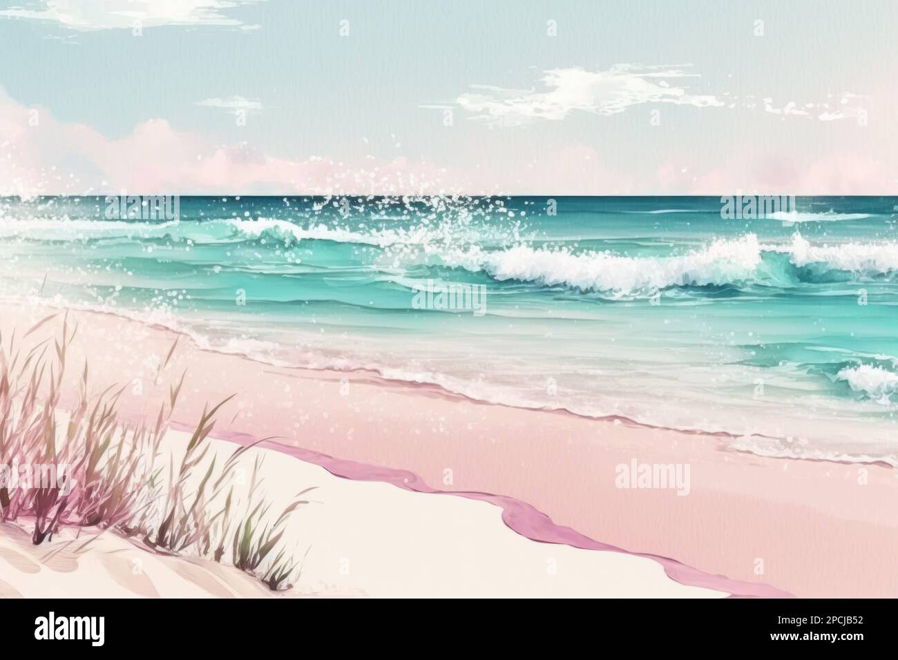 Realistic Sea beach background in watercolor style pink pastel ...