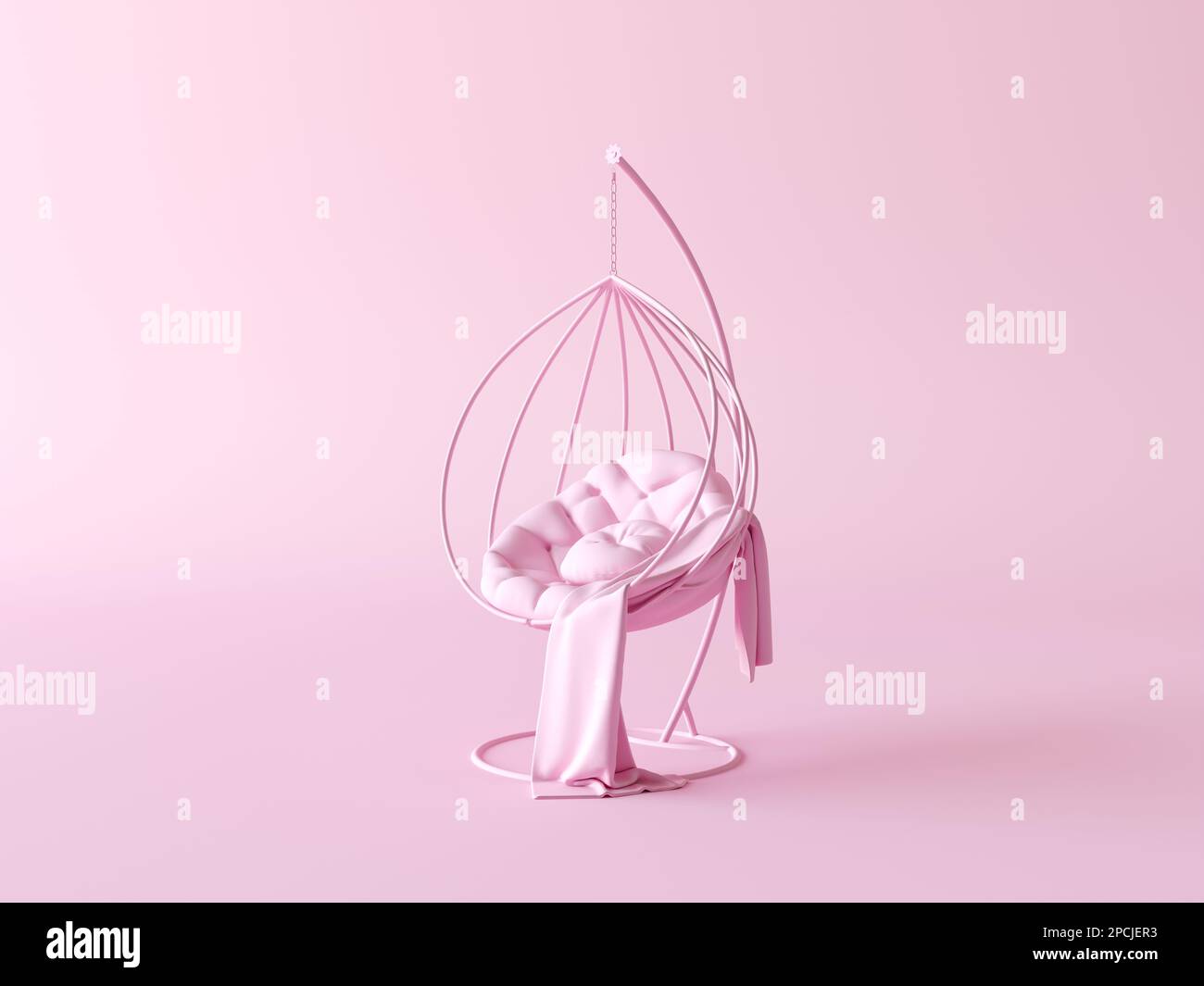 Interior luxury swing chair. Pink swing with pillows in monochrome pink isolated on pastel pink. 3d rendering. Creative concept for relax and resting Stock Photo