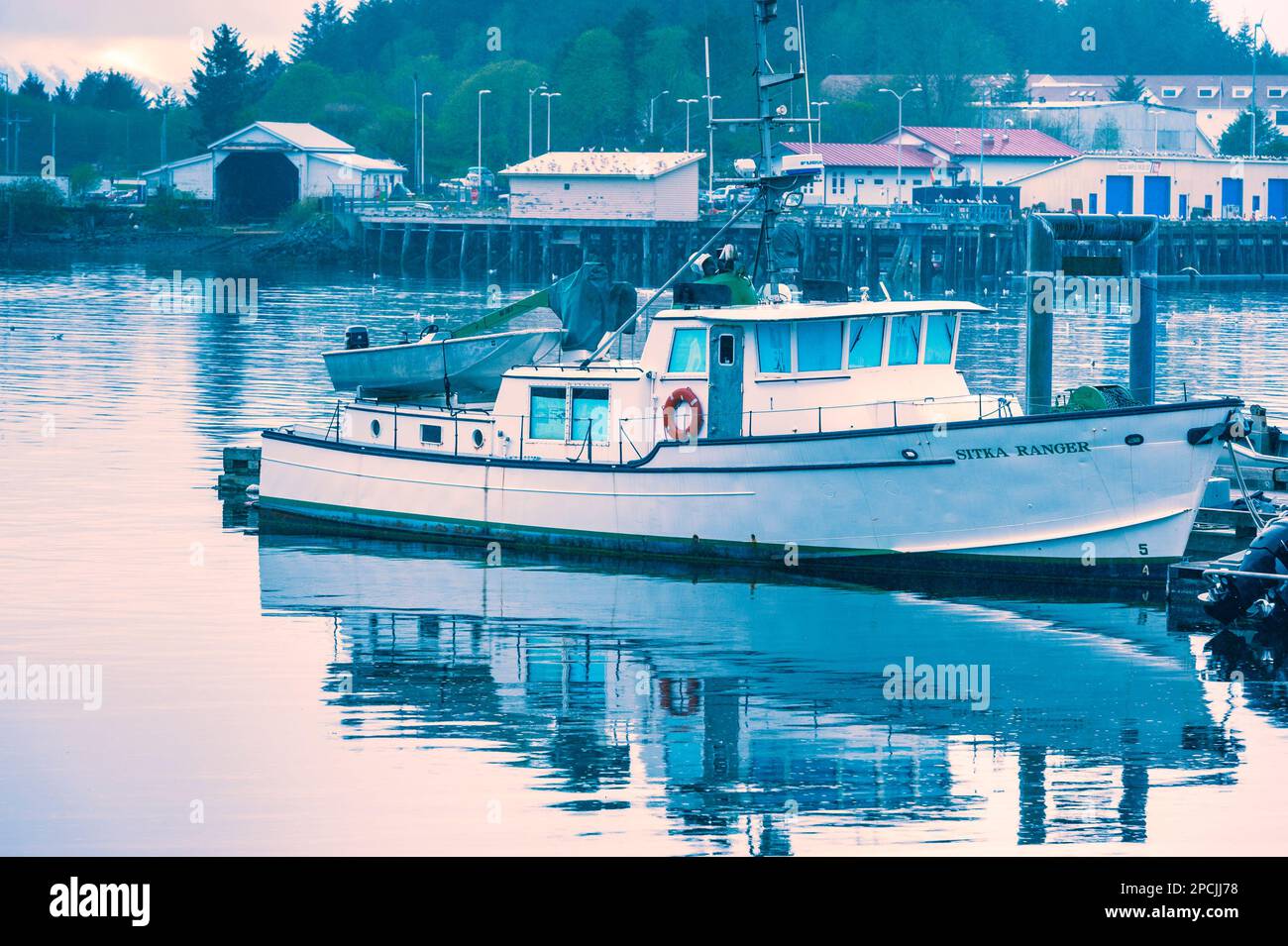 The US Forest Service live aboard work boat, the Sitka Ranger at the Forest Service downtown dock in Sitka, Alaska, USA.  The Tongass is the nation’s Stock Photo